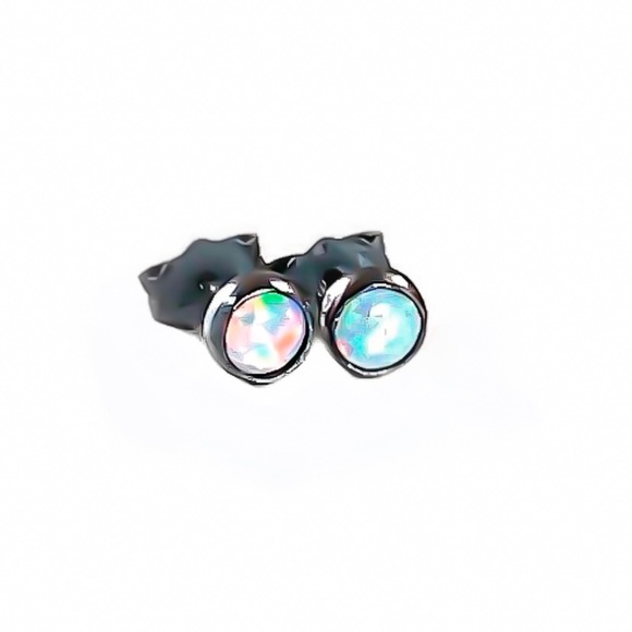 Oxidized 925 Sterling Silver 4mm Genuine White Fire Opal Gemstone Stud Earrings - Picture 5 of 13